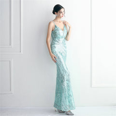 V-Neck Sequined Beaded Maxi Dress