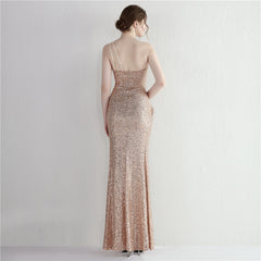 Sequin One-Shoulder Fishtail Maxi Dress