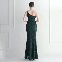 Ostrich Feather One-Shoulder Sequined Maxi Dress