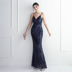 V-Neck Sequined Beaded Maxi Dress