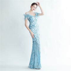 Ostrich Feather Sequined Maxi Dress