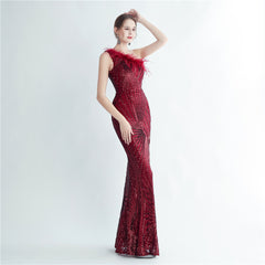 One-Shoulder Sequin Feather Maxi Dress