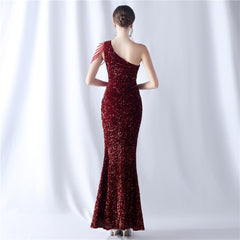 One-Shoulder Beaded Sequin Split Maxi Dress