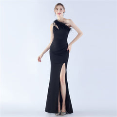 One-Shoulder Ostrich Feather Maxi Dress