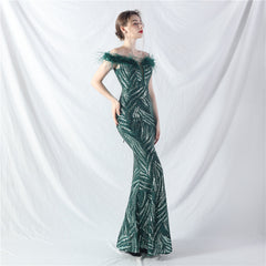 Off-Shoulder Backless Sequined Lace-Up Maxi Dress