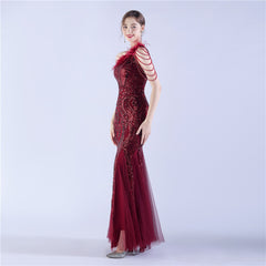 Beaded Sequined Ostrich Feather Maxi Dress