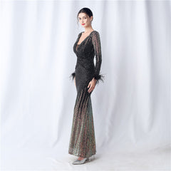 Ostrich Feather Gradient Sequin Maxi Dress