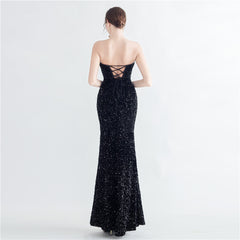 Sequin Boned Strapless Split Maxi Dress