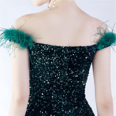 Off-Shoulder Sequin Feather Maxi Dress