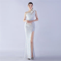 One-Shoulder Ostrich Hair Maxi Dress