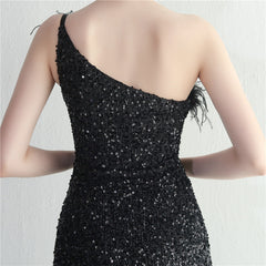 Ostrich Feather One-Shoulder Sequined Maxi Dress
