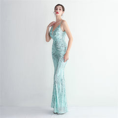 V-Neck Sequin Lace Maxi Dress