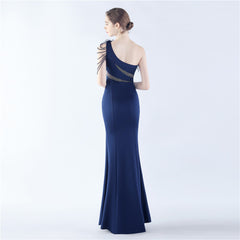 One-Shoulder Rhinestone Diagonal Collar Maxi Dress