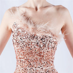One-Shoulder Sequin Feather Maxi Dress