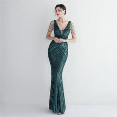 Sequined V-Neck Slim Maxi Dress
