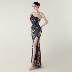 Sequined Beaded One-Shoulder Maxi Dress