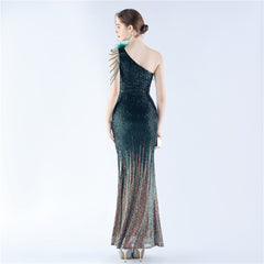 One-Shoulder Ombre Sequin Feather Dress