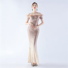 Off-Shoulder Ostrich Feather Sequin Maxi Dress