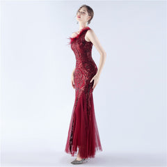 Ostrich Feather Sequined One-Shoulder Maxi Dress