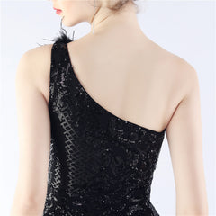 Ostrich Feather Sequined One-Shoulder Maxi Dress