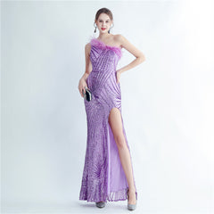 One-Shoulder Sequin Feather Maxi Dress