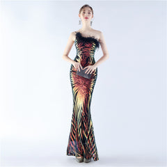 One-Shoulder Sequined Ostrich Feather Dress