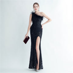 One-Shoulder Sequin Feather Maxi Dress