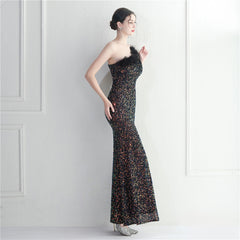 Ostrich Feather One-Shoulder Sequined Maxi Dress