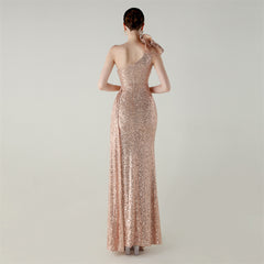 One-Shoulder Sequined Beaded Fishtail Maxi Dress
