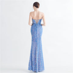 Sequin Boned Strapless Split Maxi Dress