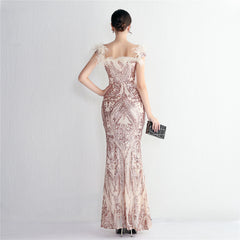 Off-Shoulder Sequined Feather Maxi Dress