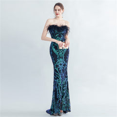 Ostrich Feather Strapless Maxi Dress