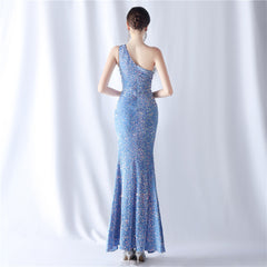 One-Shoulder Feathered Sequin Maxi Dress