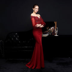 Lace Rhinestone Fishtail Maxi Dress