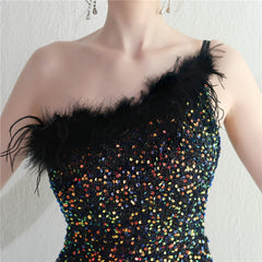 Ostrich Feather One-Shoulder Sequined Maxi Dress