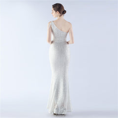 Sequin Beaded One-Shoulder Maxi Dress