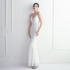 V-Neck Sequined Beaded Maxi Dress