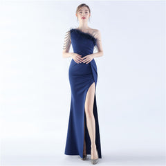 One-Shoulder Feather Maxi Dress