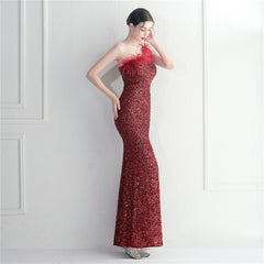 Ostrich Feather One-Shoulder Sequined Maxi Dress