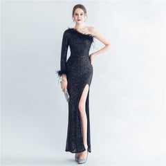 Ostrich Feather One-Shoulder Maxi Dress