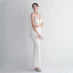 V-Neck Sequin Lace Maxi Dress