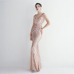 Sequined V-Neck Slim Maxi Dress