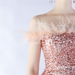 Off-Shoulder Sequin Feather Maxi Dress