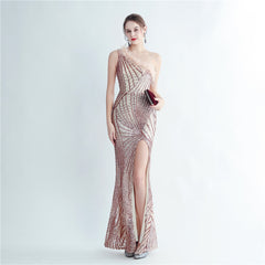 One-Shoulder Sequin Feather Maxi Dress