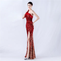 One-Shoulder Sequin Feather Maxi Dress