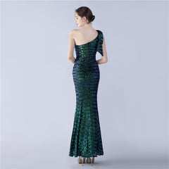 Sequined One-Shoulder Ostrich-Feather Maxi Dress