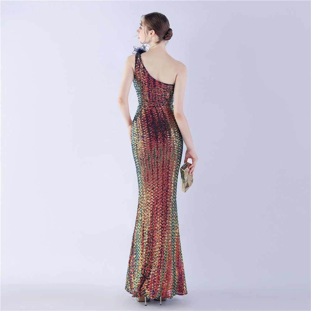 Asymmetric One-Shoulder Sequined Maxi Dress