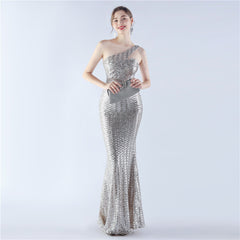 Sequin Beaded One-Shoulder Maxi Dress