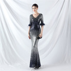Ostrich Feather Gradient Sequin Maxi Dress