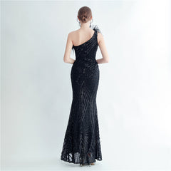 One-Shoulder Sequin Feather Maxi Dress